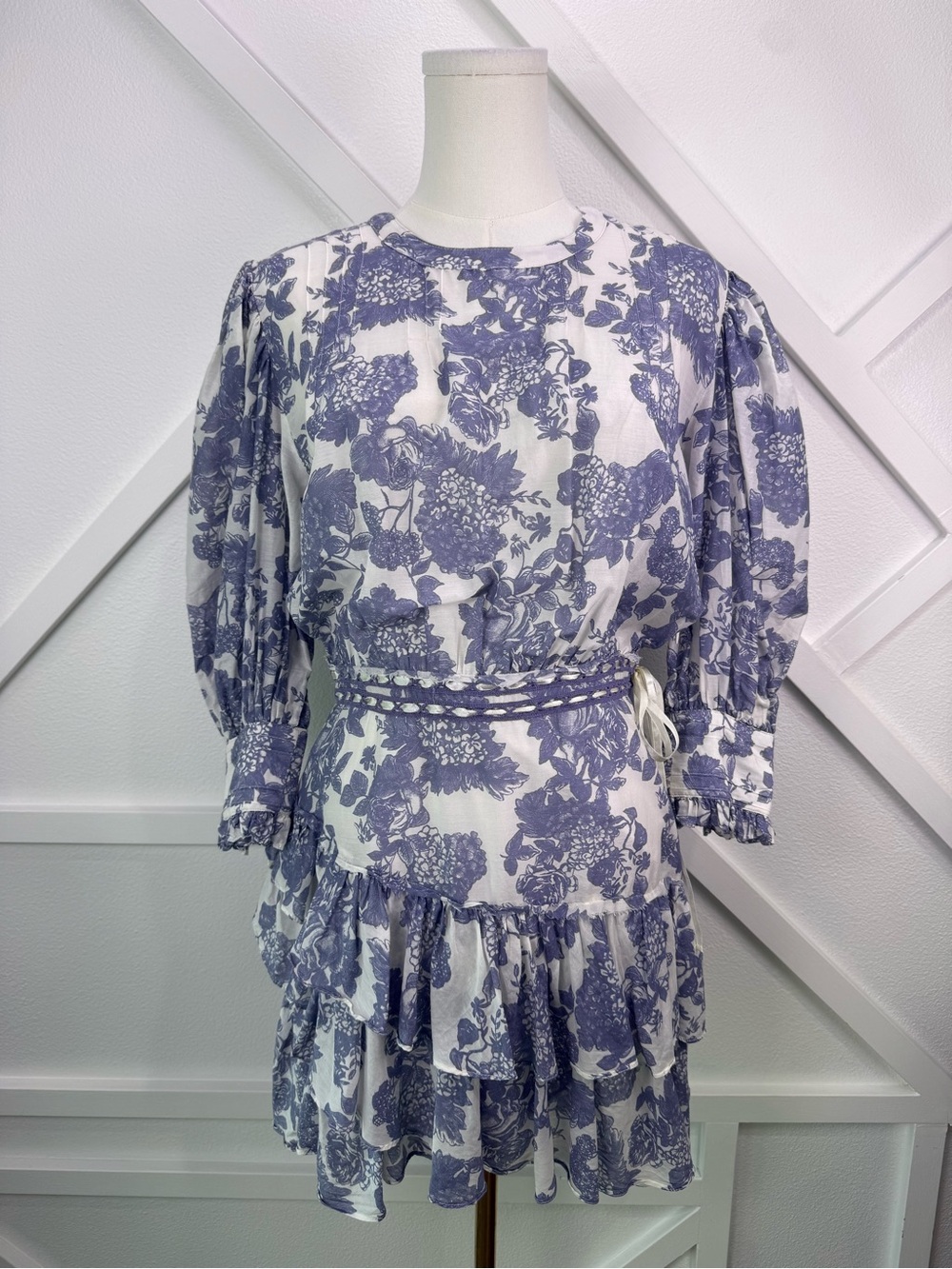 LoveShackFancy Lorelei Ruffle Floral Silk Blend Mini Dress Blue White Size 8 - Picture 2 of 16